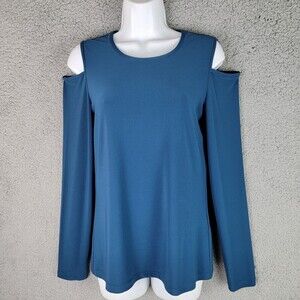 Donna Karan Womens Blouse Top Sz Small Cold Shoulder Long Sleeve Solid Turqouise